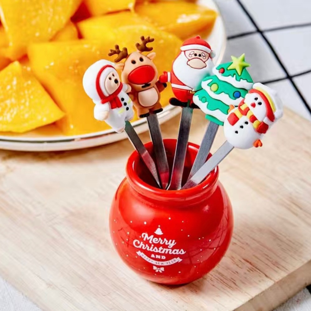 5pcs Christmas Tree Stainless Steel Dessert Fruit Forks With Holder